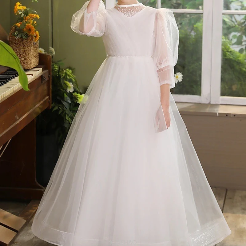 

Long Dress White Tulle Girls Host Three Quarter Sleeve Birthday Gown Clothes Princess Dresses Costume Children Piano Performance