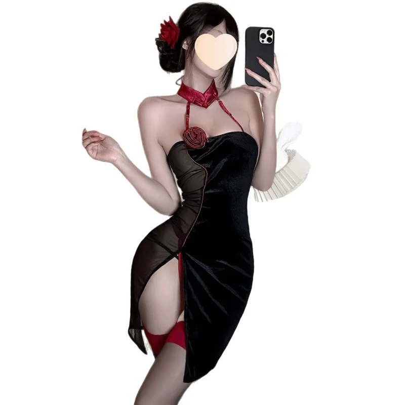 

﻿ Women's Lace Ultra-thin Tight Jumpsuit Cheongsam Uniform Set Stamp Hollowed Out Beautiful Suspender Underwear