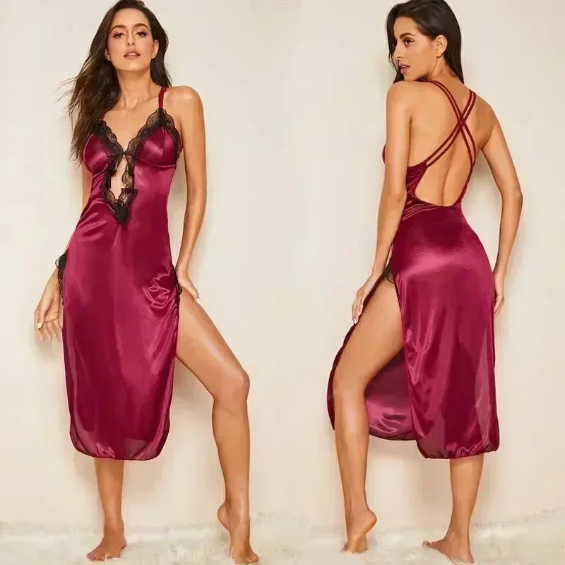 

Nightgown Female Summer Ice Silk Sexy Can Wear Thin Long Sleeve Korean Version of The Robe with Halter Home Wear Dresses Clothes