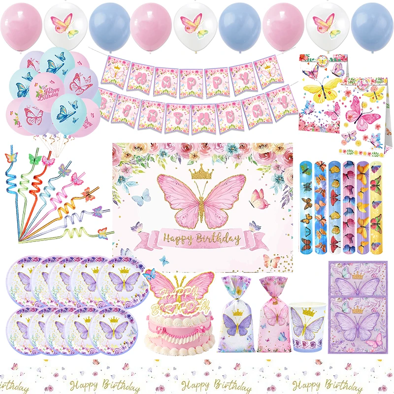 Purple Pink Butterfly Birthday Party Decoration Paper Cups Plates Tableware Supplies Backdrop Banner Balloons Baby Kids Gifts