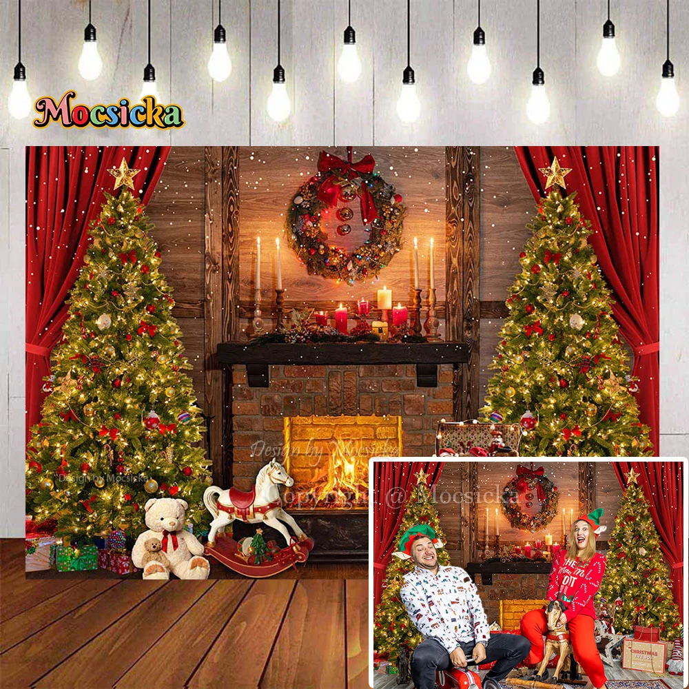 

Winter Fireplace Photography Background Warm Christmas Room Xmas Tree Toy Gift Red Curtain Backdrop Decor Family Portrait Photo