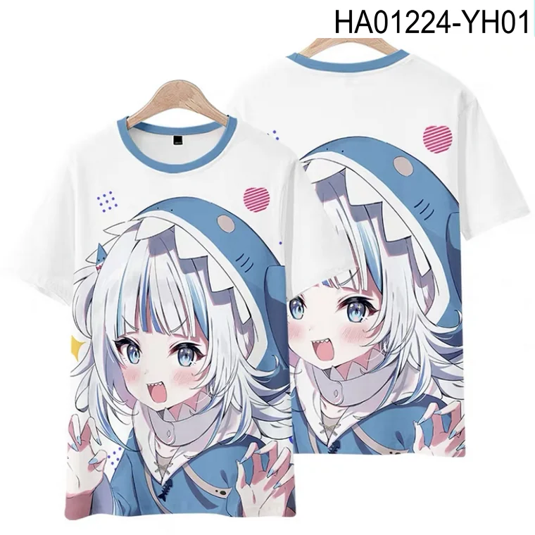 Gawr Gura VTuber camiseta estampada, gola redonda, manga curta, popular, streetwear japonês, moda verão, plus size