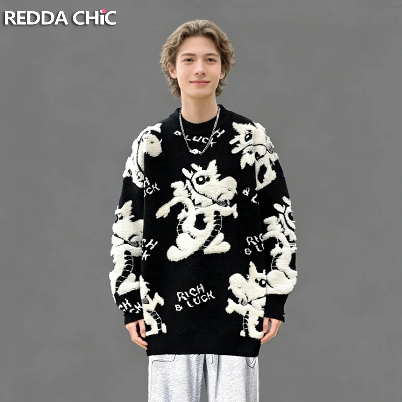 

REDDACHIC New Year Dragon Man Pullover Sweater Oversize Crew Neck Long Sleeves Flocked Animal Knit Jumper Top Vintage Clothes