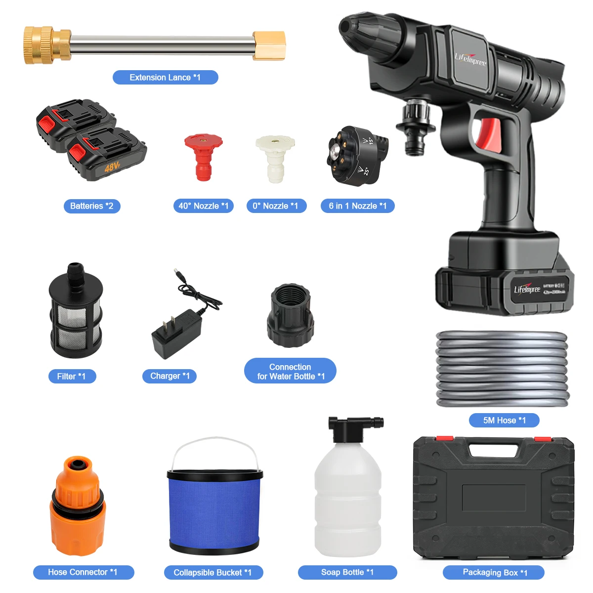 مسدس رش ضغط لاسلكي 6 في 1 2 يعمل بالبطارية مع صندوق أدوات - قابل لإعادة الشحن، 100-240 فولت، بلاستيك متين،