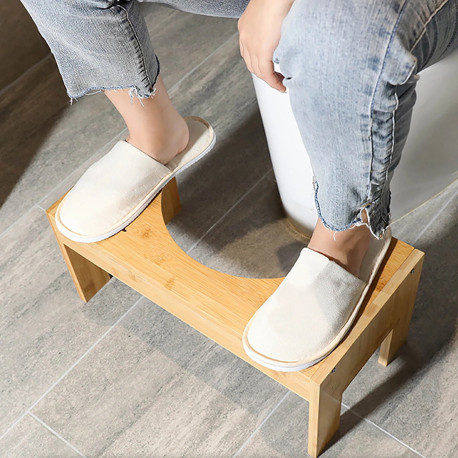 Non-Slip Step Board Footrest Bamboo Toilet Stool Aid Adjustable Height Curved Width 30cm Mat Bathroom