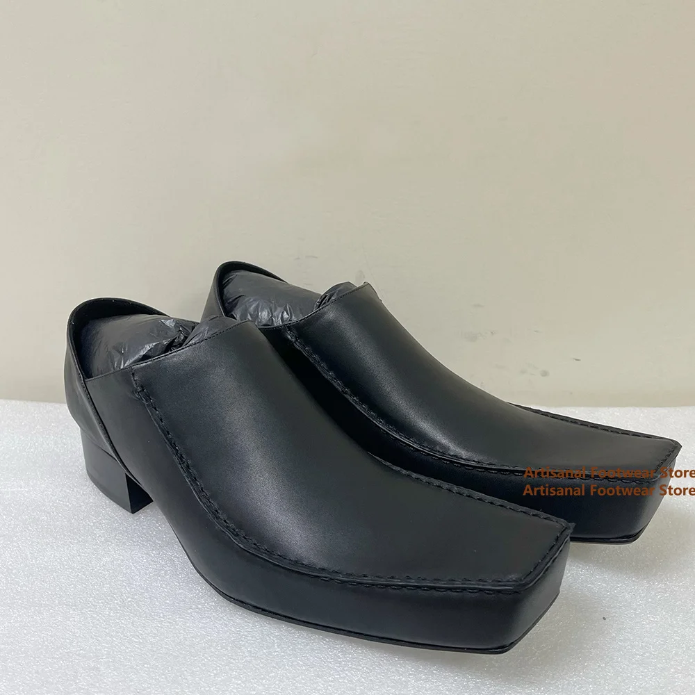 

Retro Square Toe Derby Shoes Black Soft Leather Soft Sole Mules Loafers Luxury Designer Office Party Dress Shoes Men's Shoes
