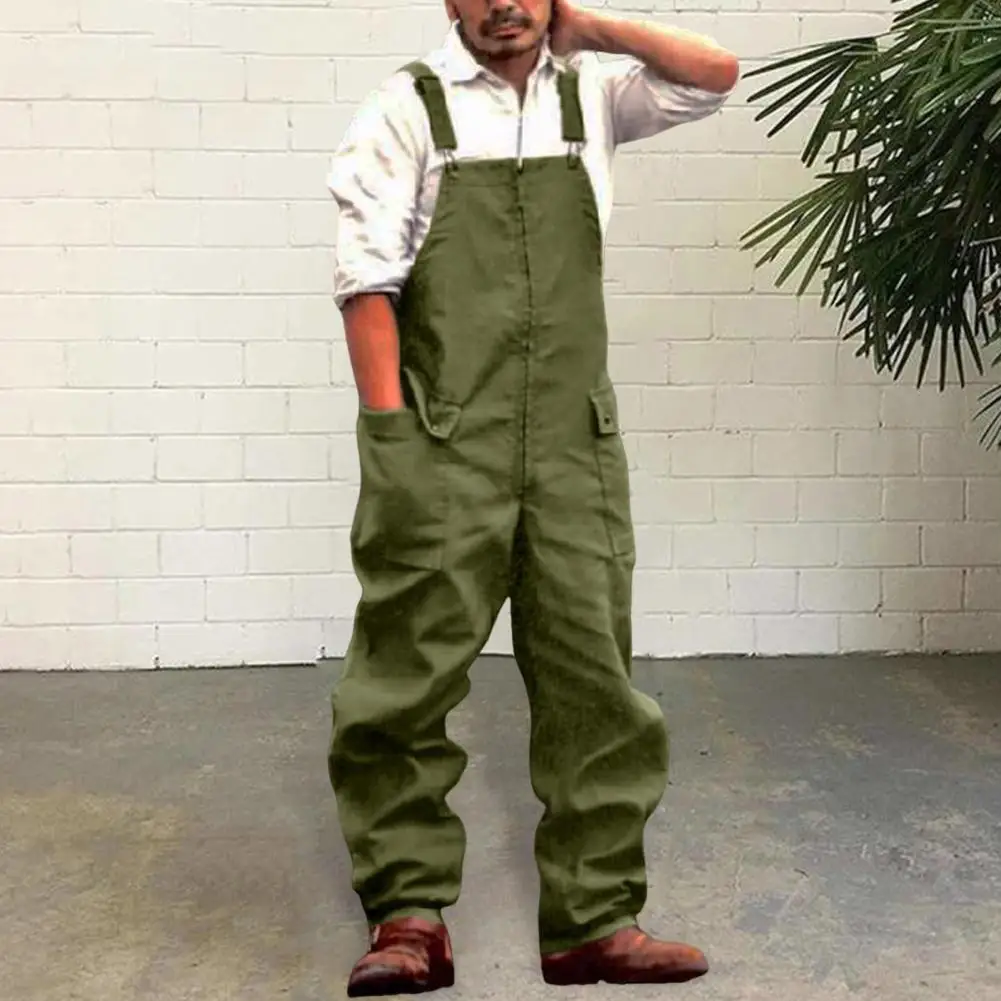 Men Denim Jumpsuit Casual Retro Style Loose Fit Overalls With Large Pockets Soft Thick Fabric Cargo Jumpsuit