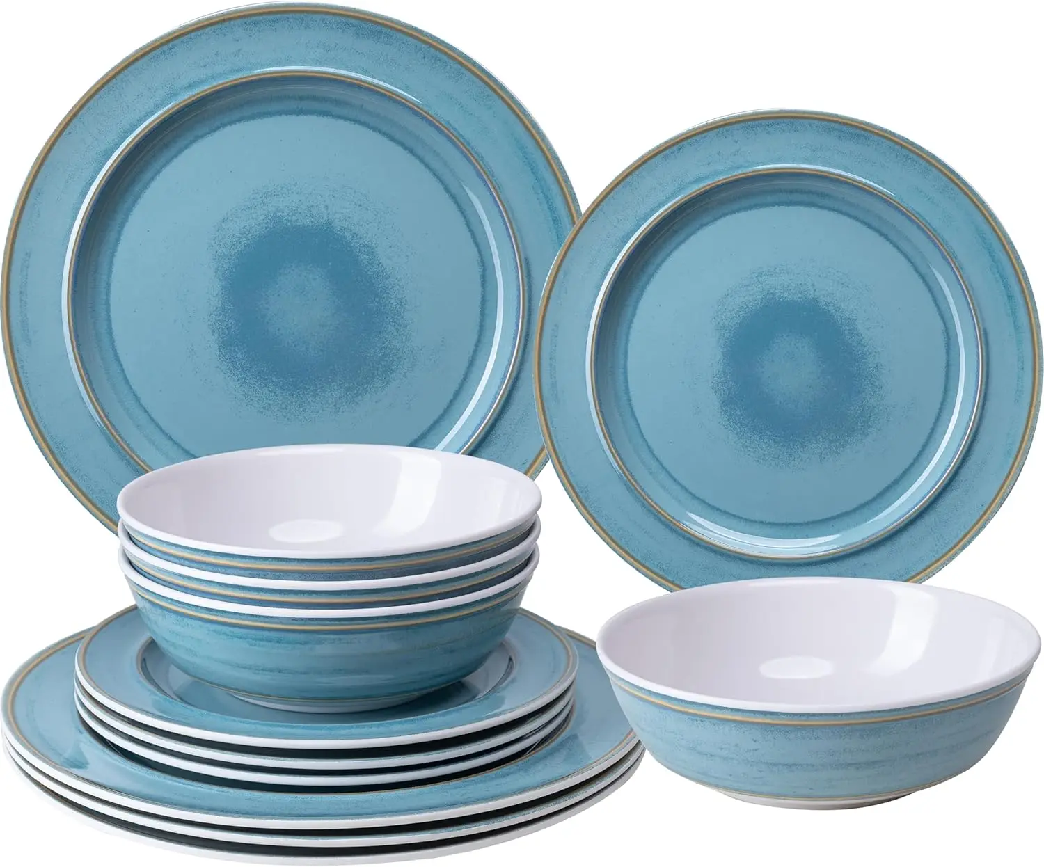 

12 Piece Melamine Dinnerware Sets, Dinner Dishes Set, Plates and Bowls Sets, Service for 4, Indoor and Outdoor Use, Lightweight