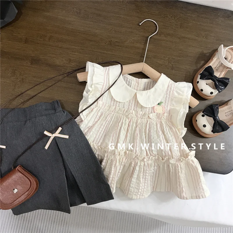 Girls' Summer Outfit Set Shirt and Skirt Two-Piece Set Small Flutter Sleeve Girls' Fashionable Outfit Internet Celebrity Trend