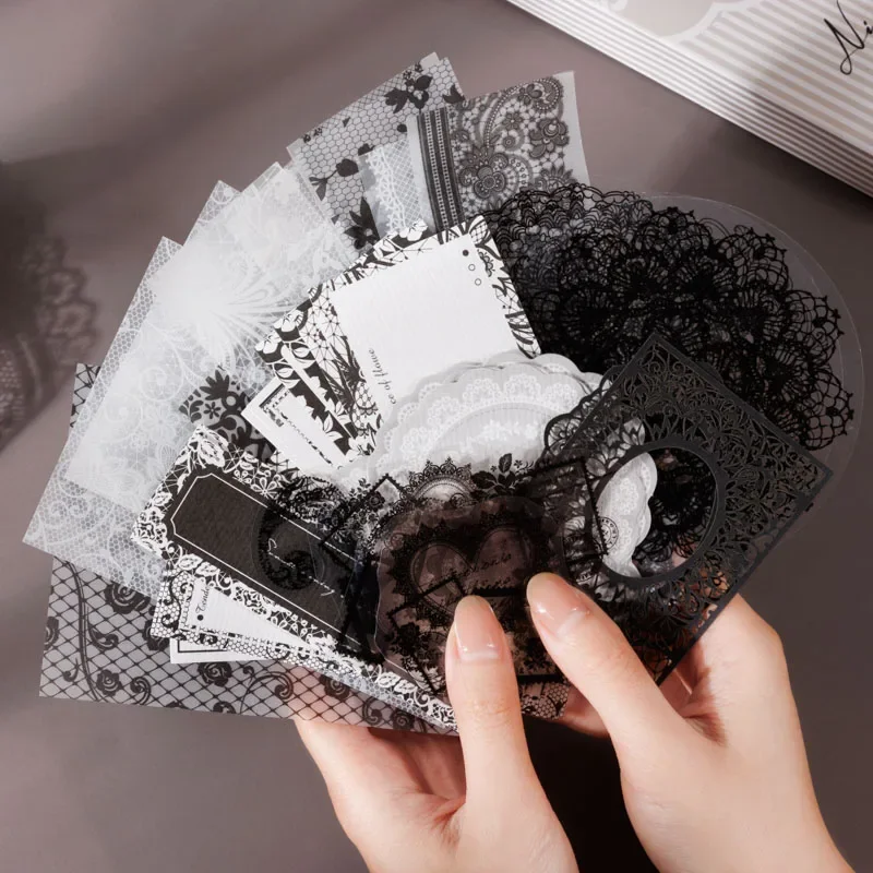 100 Sheets PET handbook gift box black night lace series lace handbook DIY decorative stickers multi-material