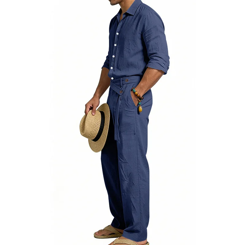Europäisch-Amerikanisches Herren-Leinen-Freizeitset: Hemd mit Umlegekragen und Hose mit hohem Bund und Gürtel – Locker, atmungsaktiv, für Urlaub und Strand – Detail 14