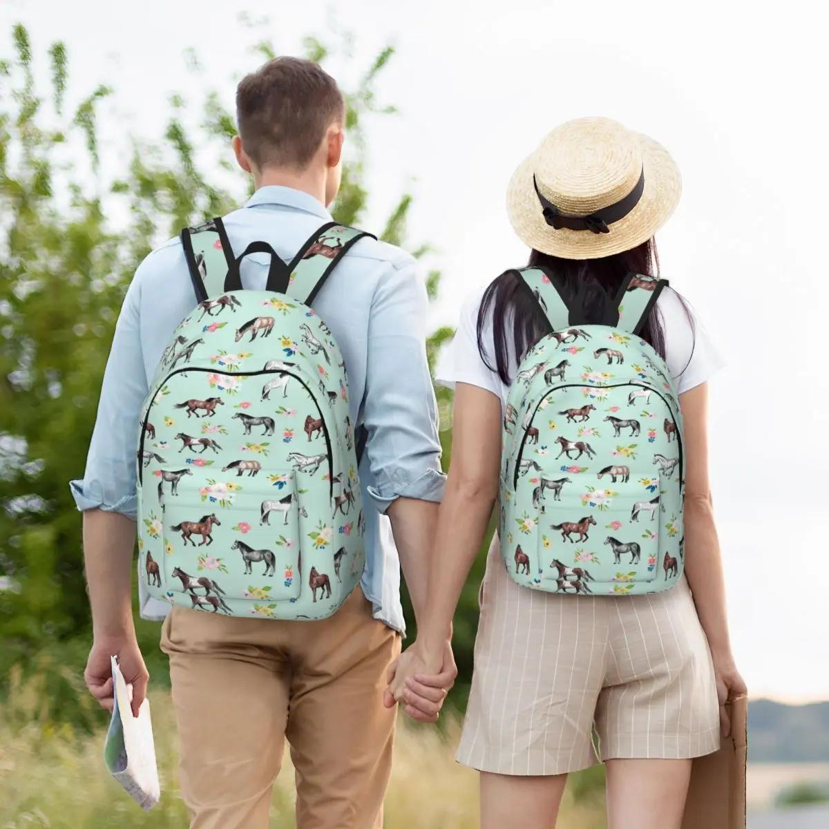 

Horses And Flowers, Mint Blue, Horse Art, Horse Decor, Pink Flowers Backpack Student Boys BookBag School Bag Laptop Shoulder Bag