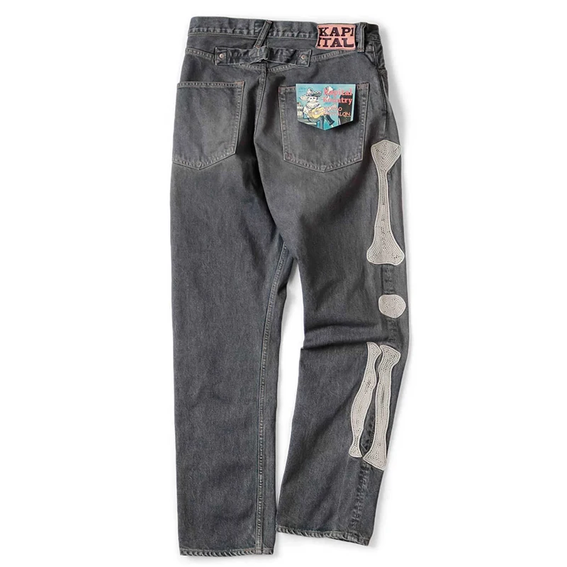 High Quality KAPITAL Hirata Kazuhiro Bone Skeleton Embroidered Pattern Casual Jeans for Men