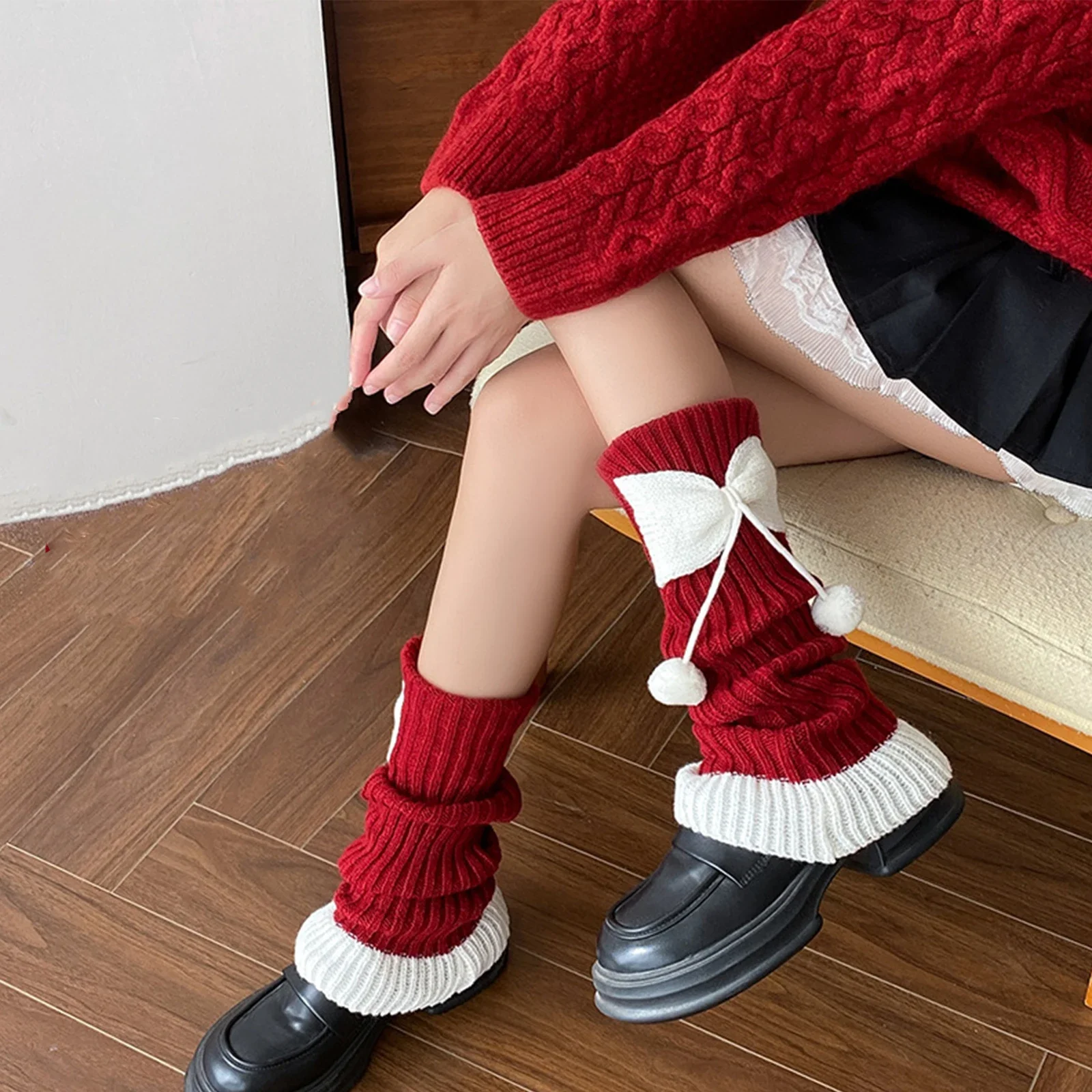 Christmas Kawaii Cute Leg Warmers for Women Girls Bows Fall Winter Knee High Socks Aesthetic Boot Cuffs for Streetwear Clothes