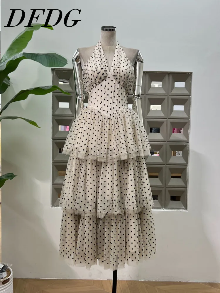 

DFDG Designer Polka Dot Halter Neck Corset Tiered Maxi Dress Sexy Backless Boned Waist For Spring Summer 2025 Evening Dresses
