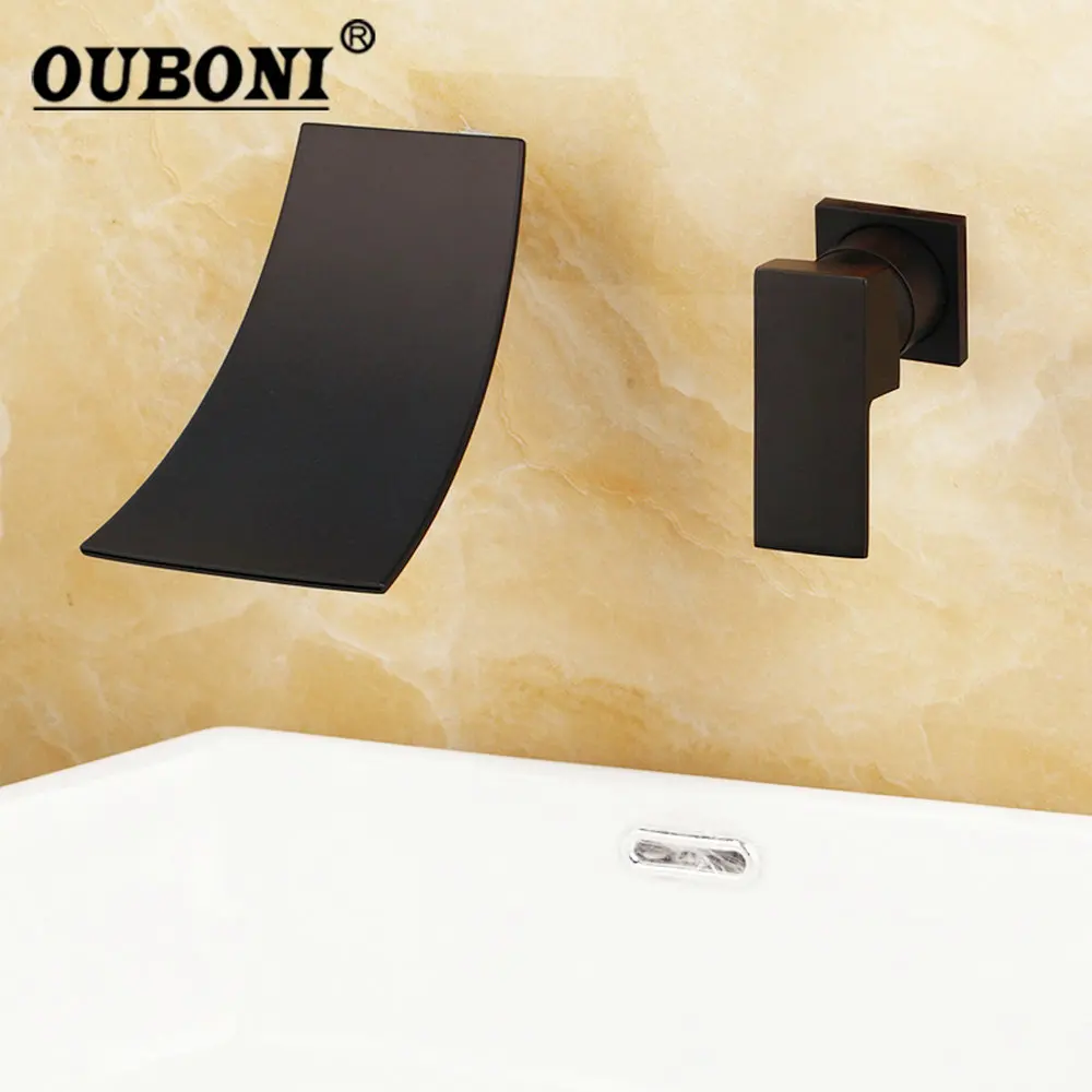 

OUBONI Matte Black Wall Mounted Bathtub Mixer Tap Waterfall Golden Plated Chrome Brass Bathroom Basin Sink Faucet Hot & Cold