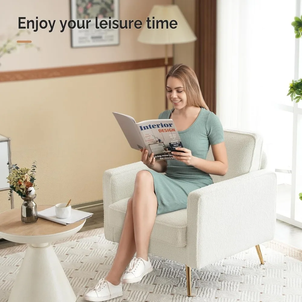 كرسي أريكة خلفي معنقدة باللون الأبيض لغرفة المعيشة وغرفة النوم - كرسي شيربا مريح للقراءة والاسترخاء