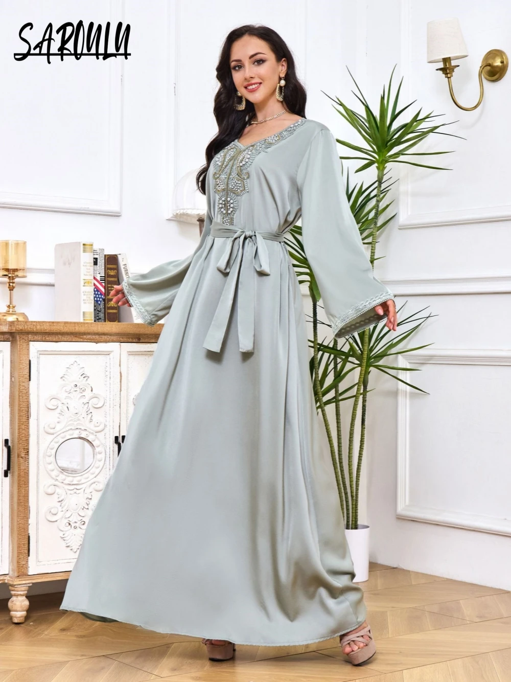 Elegant Middle East Dubai O-neck Evening Dress Muslim Vintage A-line Beaded Casual Colorful Long Sleeves Prom Gown Customized