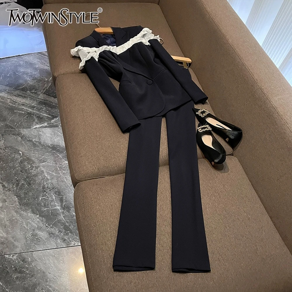 

TWOTWINSTYLE Design Sense Two Piece Sets For Women Lapel Long Sleeve Top High Waist Pants Elegant Set Female Fashion KSE559114