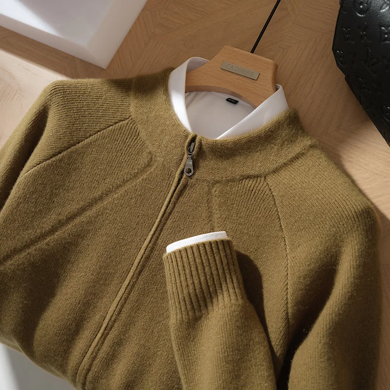 

Men's stand up collar half zipper pullover knitted sweater 100% pure cashmere knitted sweater business casual thick shirt winter