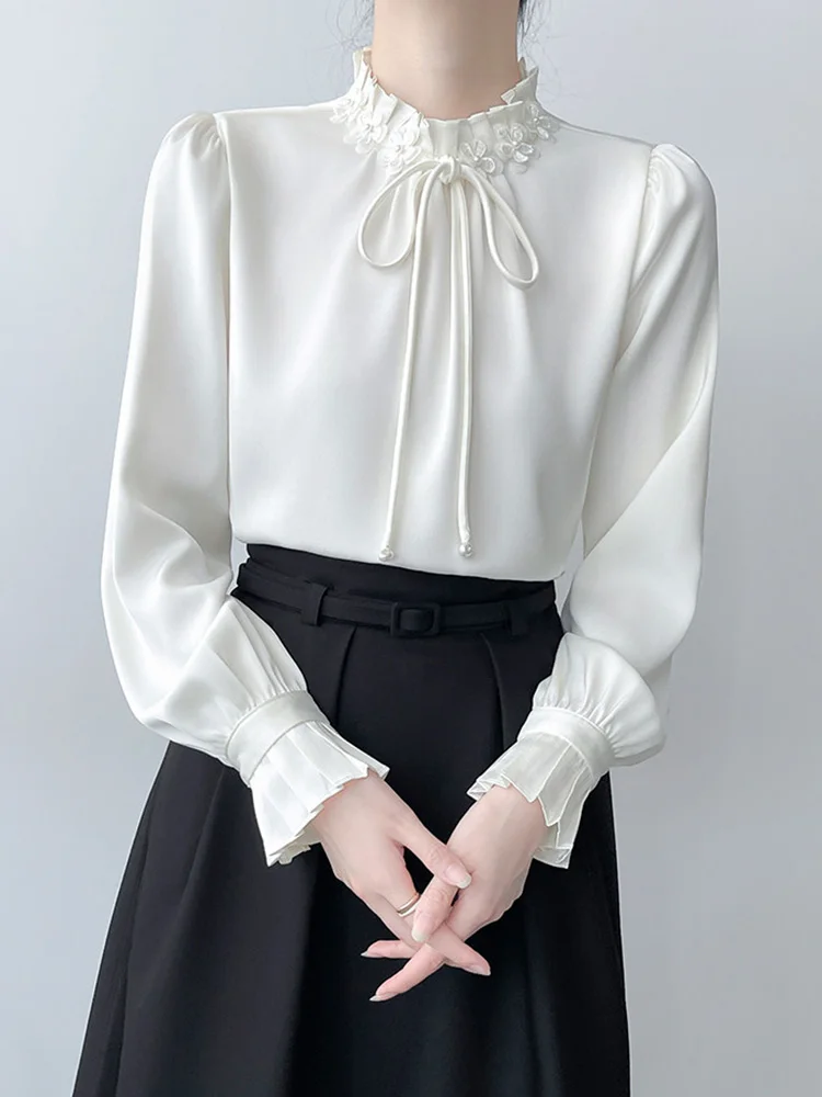 

Элегантная женская белая блузка в винтажном стиле с воротником-стойкой, оборками, французским ретро-дизайном, длинными рукавами и шнуровкой, приталенный крой