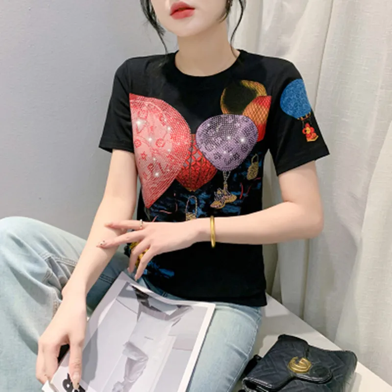 Women Summer Design Balloon Diamonds Cotton T-Shirt New O-Ccollar Slim Top Female High Quality Short Sleeved Casual Tees