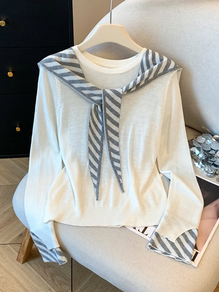

Женский вязаный свитер-накидка в полоску, облегающий, с круглым вырезом, новый весенний дизайн, универсальный, для повседневной носки
