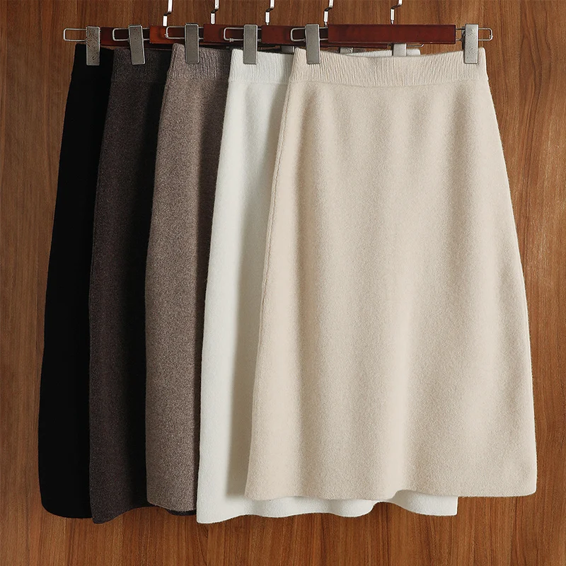 

Women's Wool Skirts Solid Elastic Waist 100% Merino Wool Knitwear A-line Grace Soft Casual Clothing Spring Autumn Winter Skirt