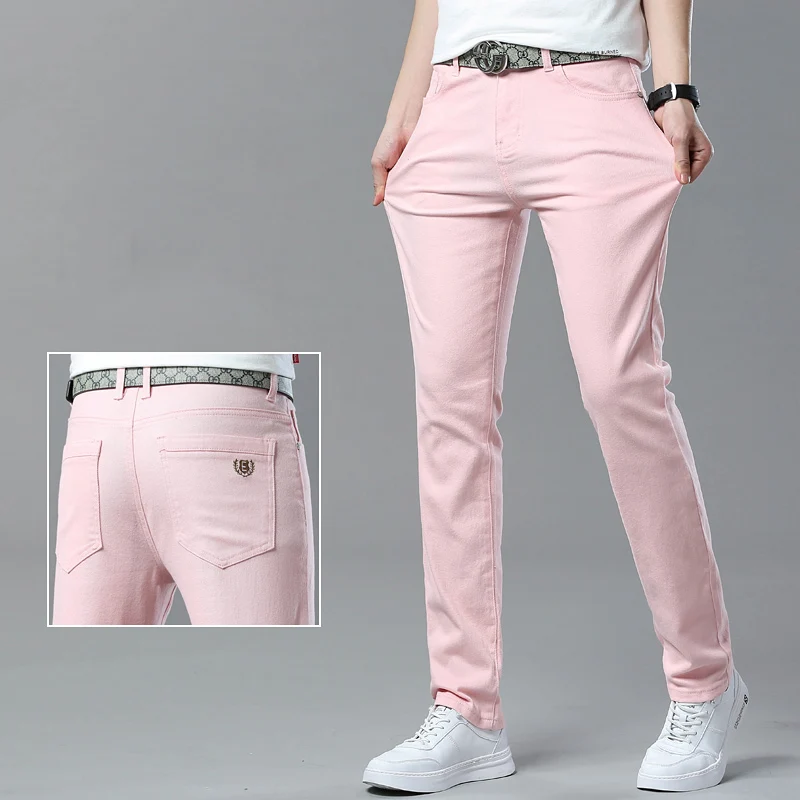 Men High Quality Pink Red Yellow Jeans Fashion Casual Classic Style Slim Fit Soft Trousers Male Brand Advanced Stretch Pants