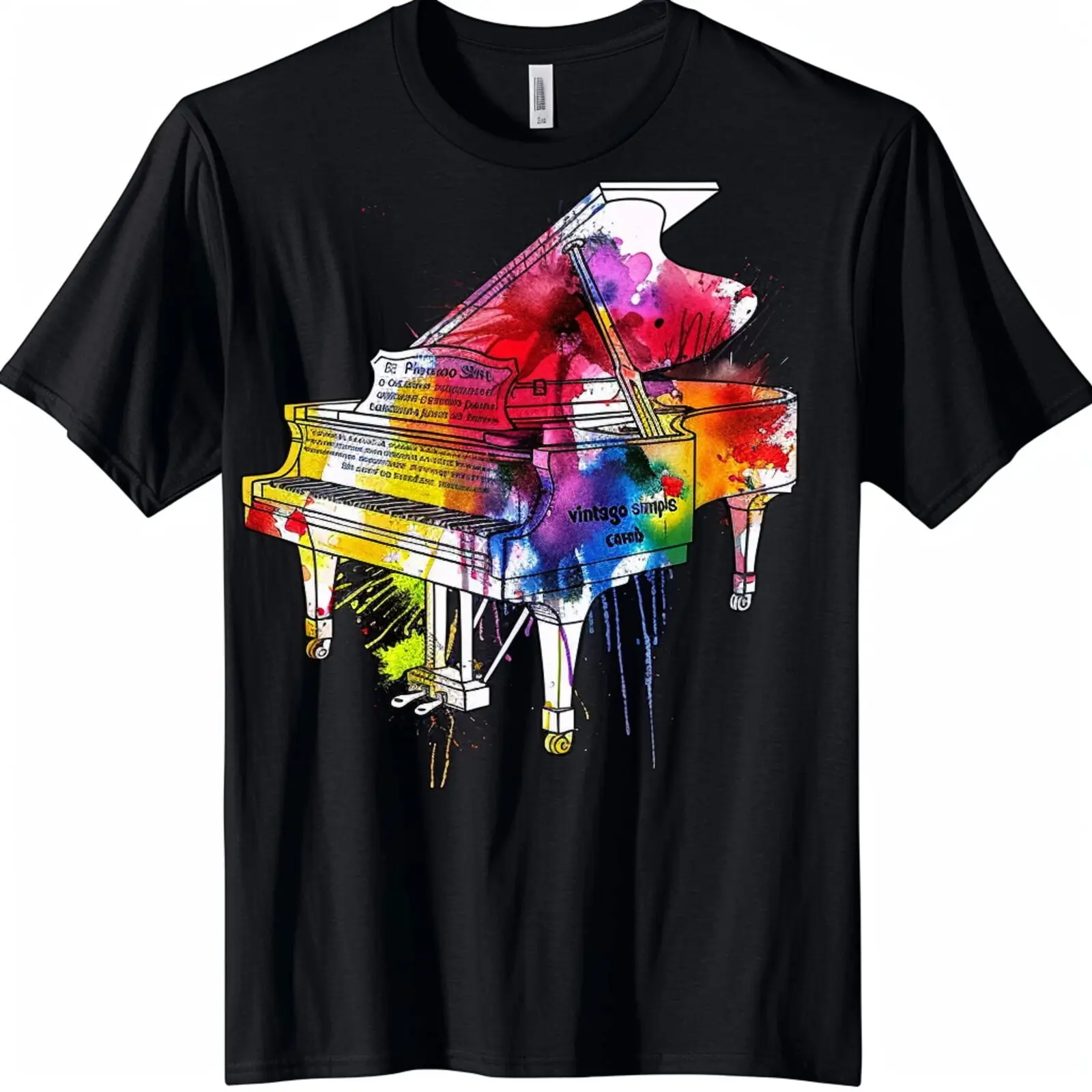 Lebendiges Klavier Splash T-Shirt buntes Aquarell design auf schwarzem T-Shirt