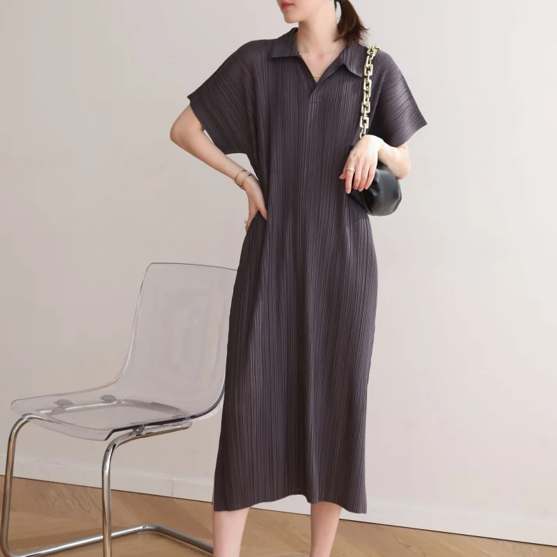 

Miyake Pleated Dress Women High Quality: Boutique Style Lapel Collar Loose Fit Plus Size Summer Maxi Dress [7529]