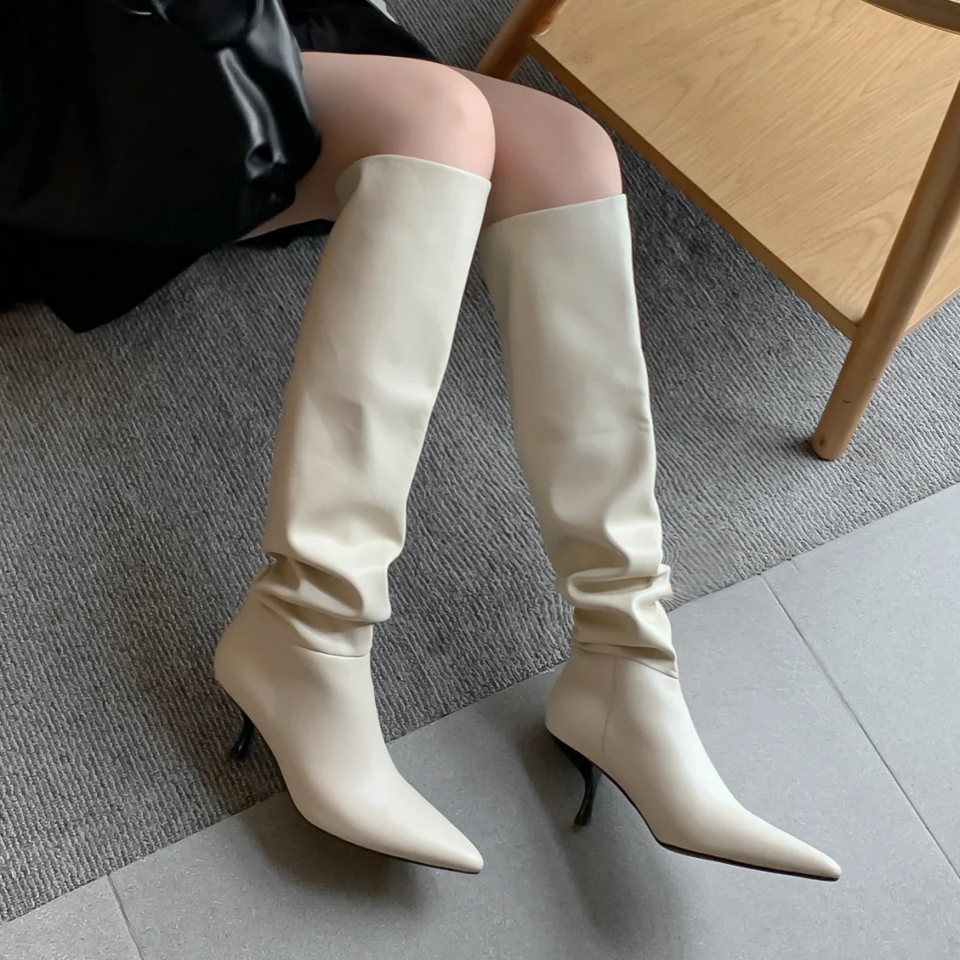 

Women's cow leather great PU patchwork slip-on autumn knee high boots sexy ladies thin high heel pointed toe pleated long boots