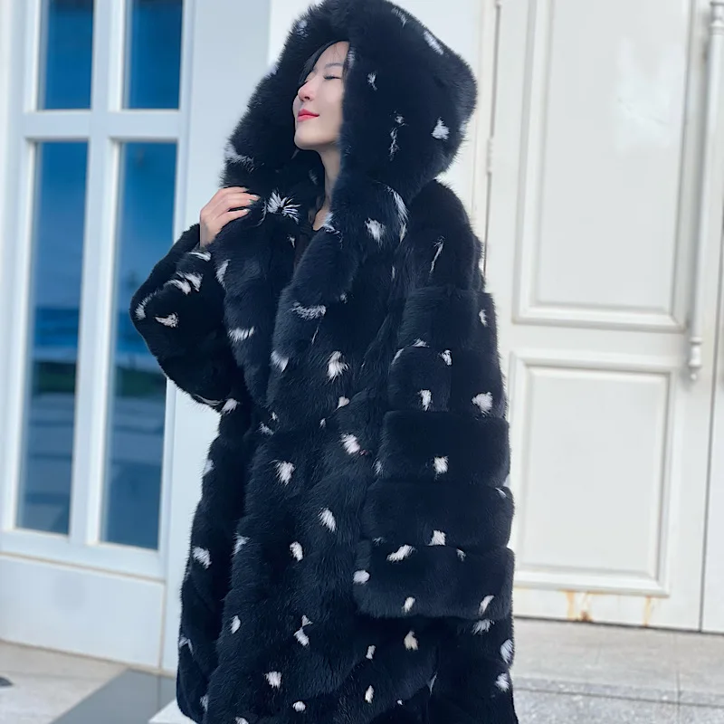 Winter Fox Fur Hooded Coat Women's Fox Medium Fur Coat High quality Fashion Natural Real fur 2024 New