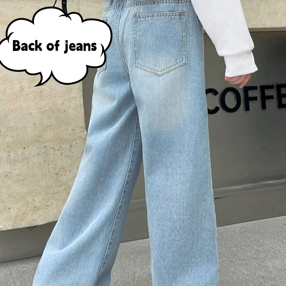 الإنجليزية رسالة الأطفال الجينز مستقيم الكتابة على الجدران الأزرق في سن المراهقة فتاة الجينز عالية الخصر فضفاضة الساق الفتيات سراويل جينز أطفال الأطفال #4