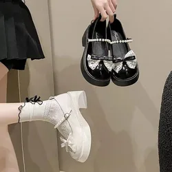 French Mary Jane Shoes for Girls Spring and Autumn New White Pearl Bow Girl Single Shoes Thick Heel Fairy Style Loafers Shoes