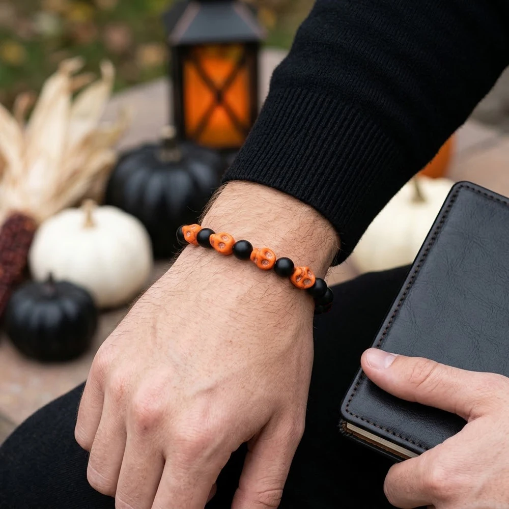 Pulsera Vintage con Calavera y Cuentas para Hombre, Pulsera con Dijes de Piedra Negra Mate para Mujer, Joyería de Disfraz para Fiesta Espeluznante, Regalo