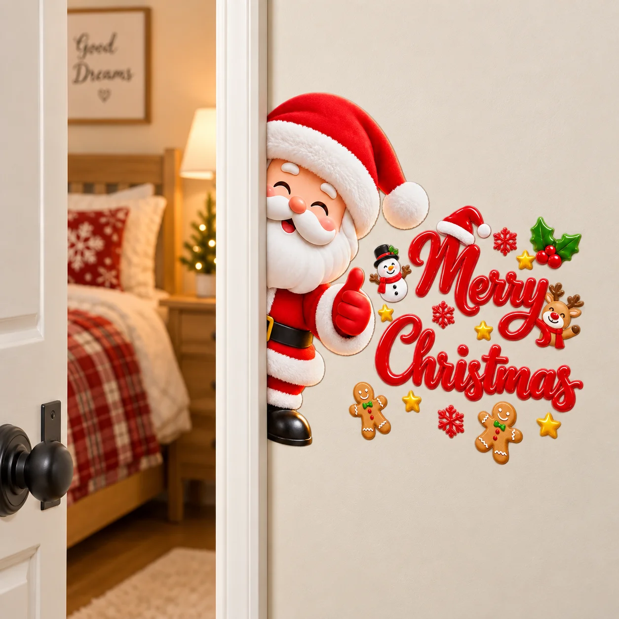 Merry Christmas Door Decals Peeking Santa Snowman Reindeer Gingerbread Xmas Front Door Wall Sticker Winter Decor