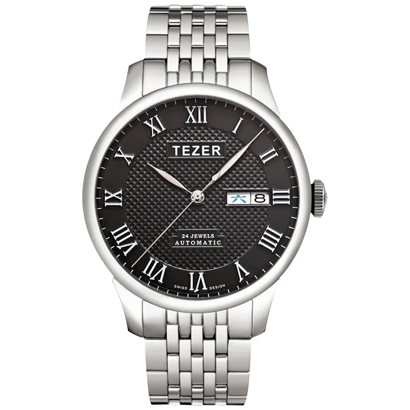 montre-automatique-pour-homme-tezer--fenetre-jour-date--cadran-texture-noir--chiffres-romains--bracelet-en-acier-massif--resistant-a-l'eau-jusqu'a-50-m