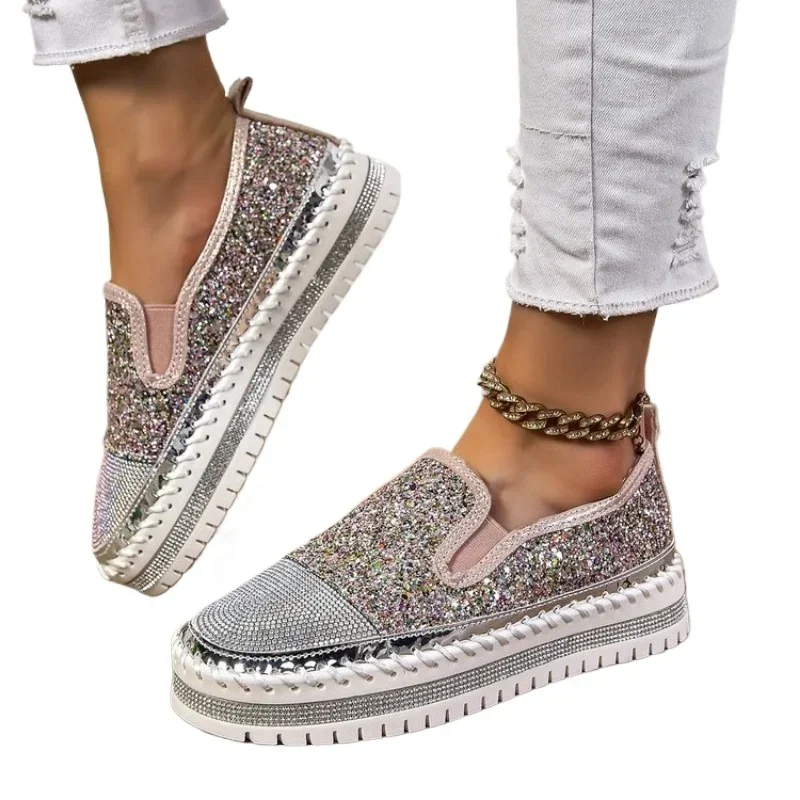 Loafers Platform Flat Rhinestone Fashion Women\'s Shoes Women\'s Canvas Shoes Casual Lace-up Low High Top Zapatillas De Mujer