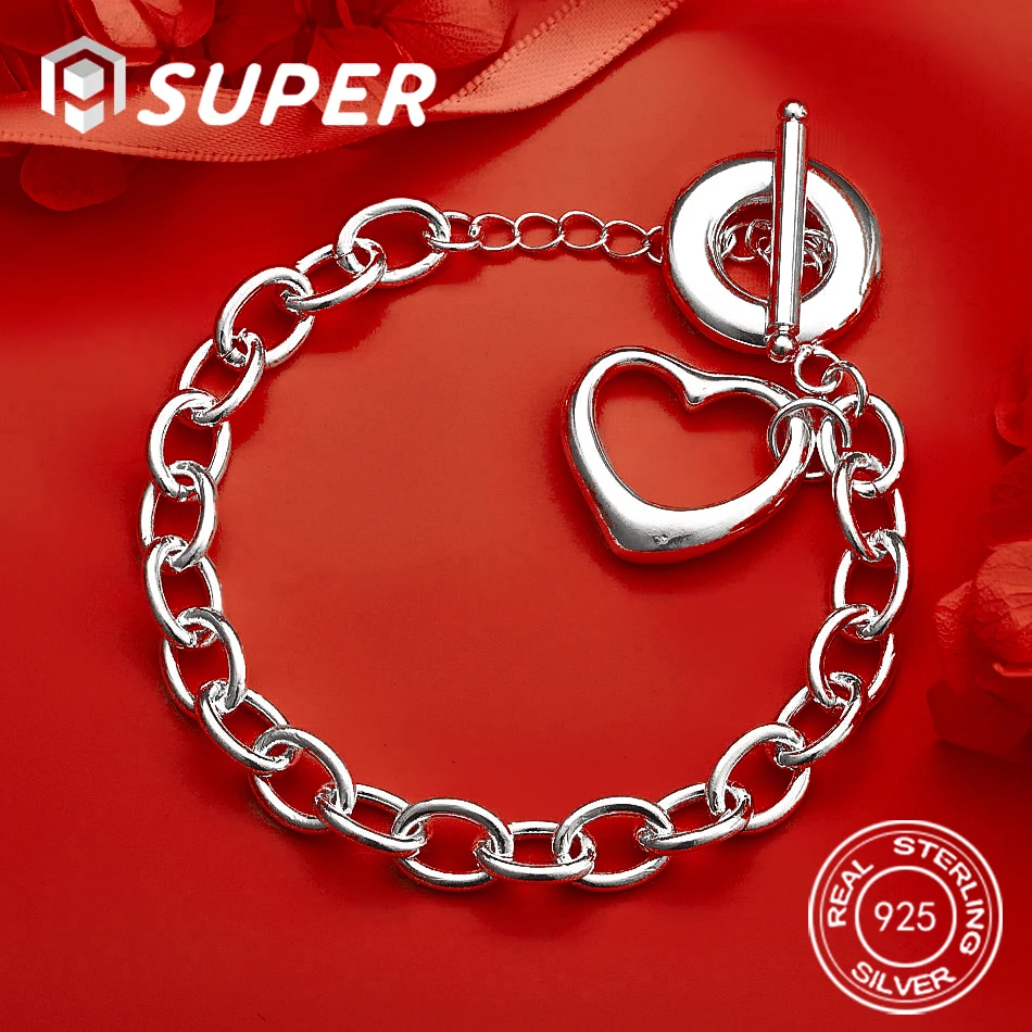

ALISuper 925 Sterling Silver 8-inch Delicate Heart-Shaped Bracelet for Women, Fashionable Engagement Gift Accessory