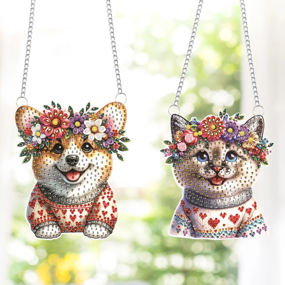 

2Pcs PET Special Shaped Cute Animal Rhinestone Diamond Art Window Pendants 5D DIY Diamond Art Hanging Decor for Beginner