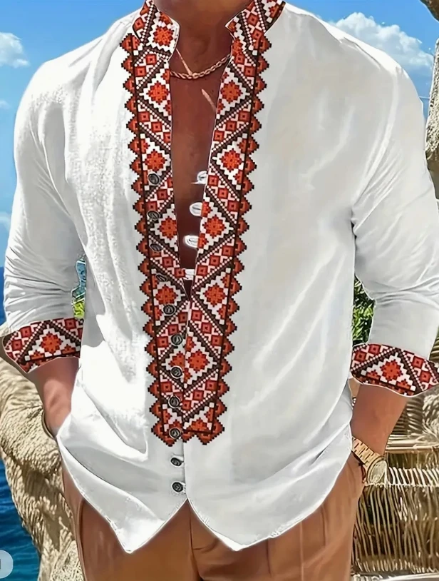

New Men's Henry Collar Linen Long Sleeve Casual Shirt Ethnic Print High Quality Top Fits Everyday