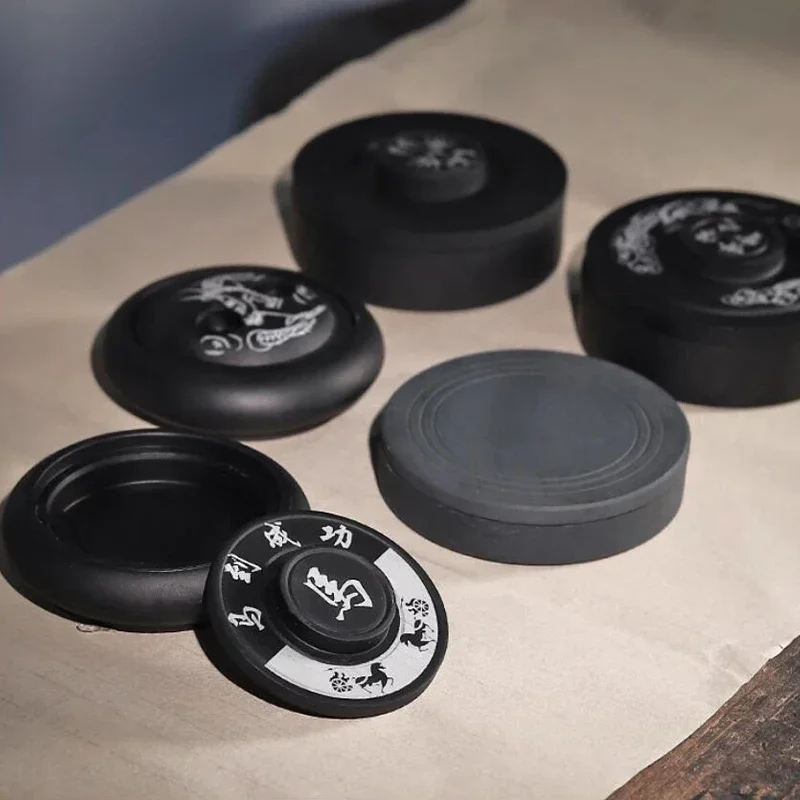 Ink Chinese Calligraphy Stone Inkstone Handmake Brush Holder Painting Practical Inkslab Round Inkstone Lid Sumi Dish Ink Disc