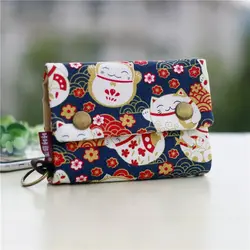 Multifunctional Portable Canvas Coin Purse Three Fold Print Maneki Neko Wallet Card Holder Lucky Cat Zipper Short Wallet Women