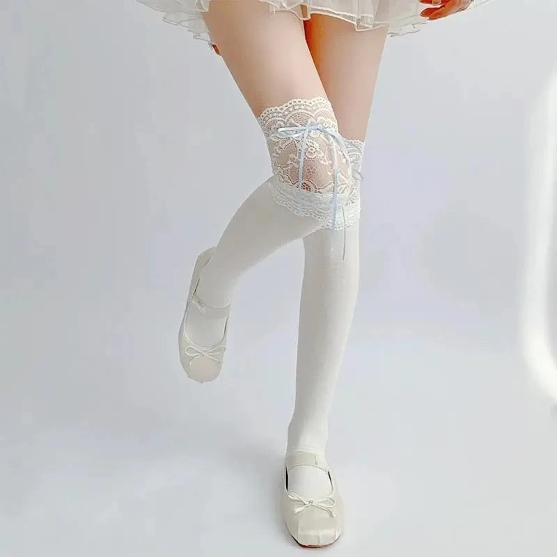 Girls White Velvet Stockings Knee Length Lace Splicing High Tube Socks with Ribbon Bowknot - Women's Footwear Lolita Style
