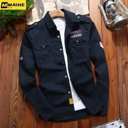 Camisa masculina de algodão cáqui com bolso, camisa slim fit, manga comprida, jaqueta vintage, streetwear casual, retro, descarregar, transporte da gota