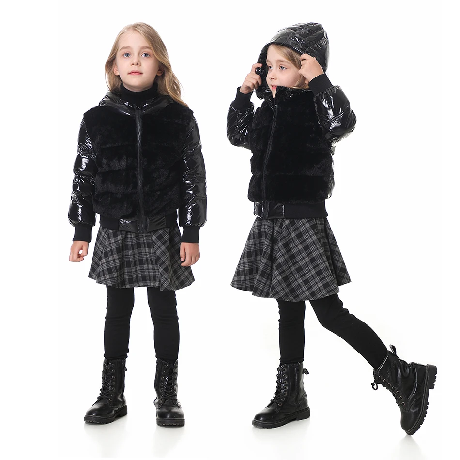 

Fashion joining design winter coats filling white duck down warm jackets soft fur fabric and glossy black waterproof coats