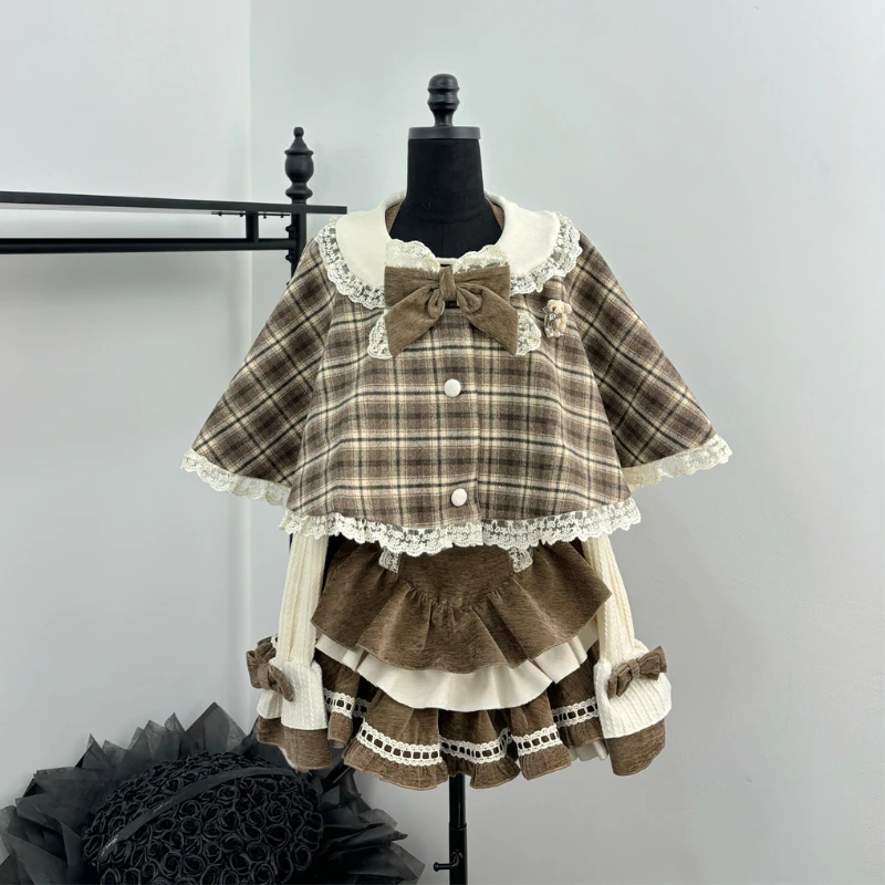 Vintage Plaid Sweet Lolita 3 Piece Set Winter Woman Harajuku Cute Bow Cloak +Slim Chic Blouse +Design Slip Dress Y2k Outfits New