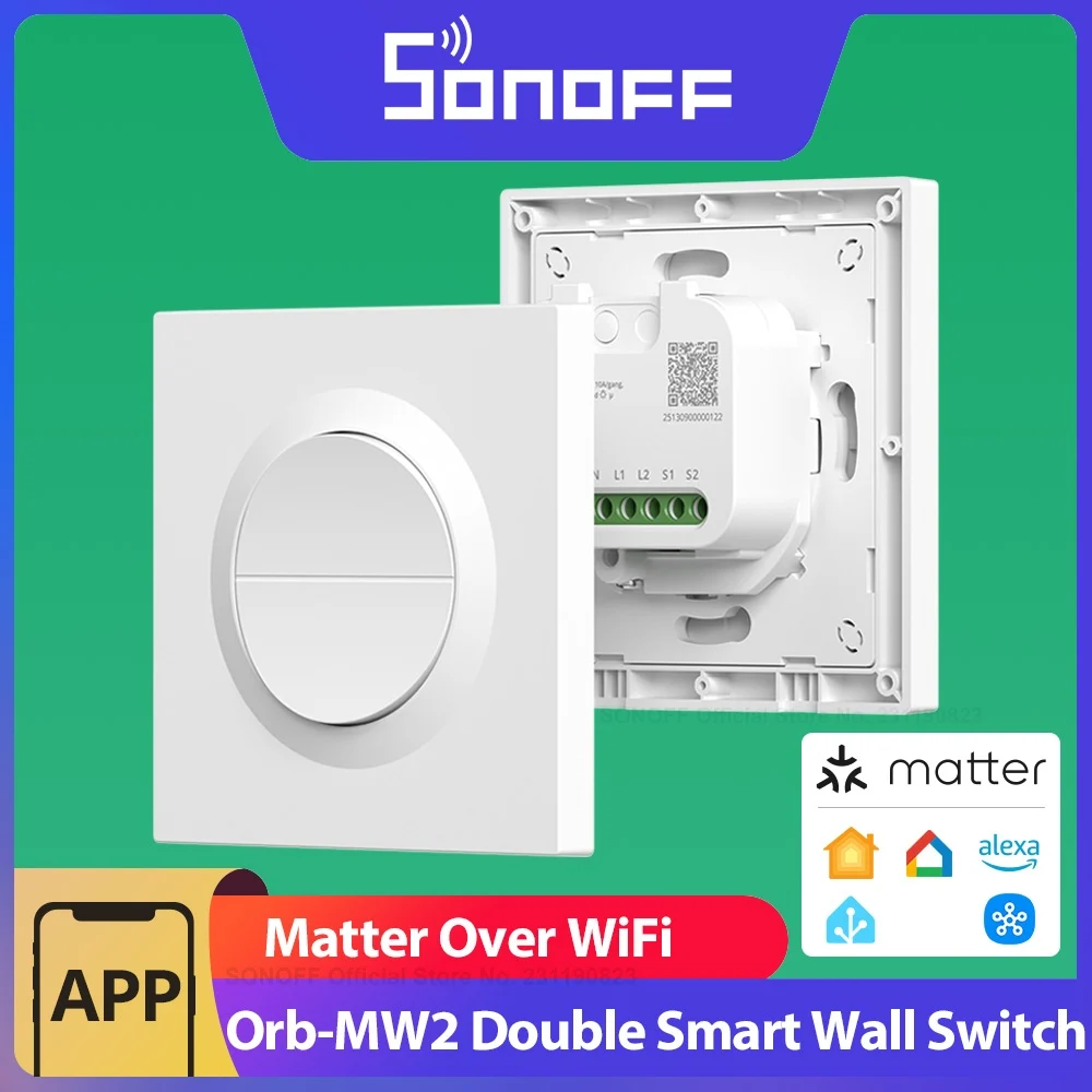 

SONOFF Orb-MW2 Matter over WiFi 2-Gang Smart Wall Switch 16A Dual-Channel Total Load Detach Relay Mode Remote Control MINI-2GS-E