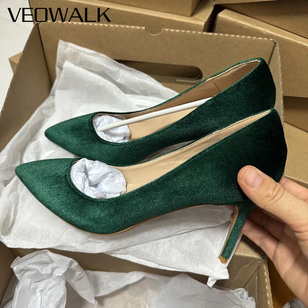 Tikicup Women 12cm High Heels Sexy Green Flock Pointed Toe Stiletto Pumps Slip On Comfortable Dress Shoes for Evening Parties